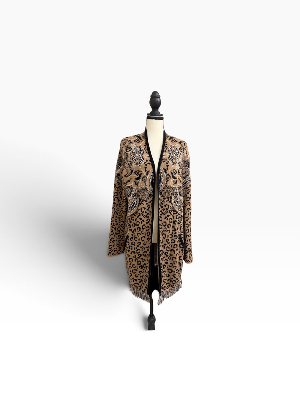 Chicos Printed Leopard & Paisley Open Front Cardigan Jacket - Beige